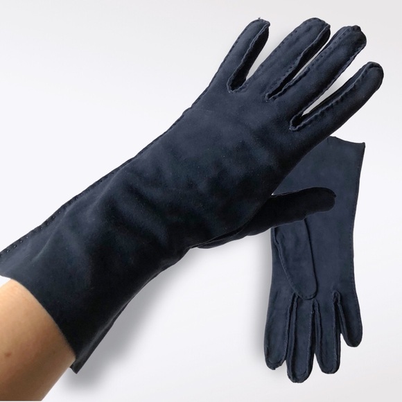 Vintage 70s Bloomingdale's Suede Gloves Navy Small - Picture 7 of 11